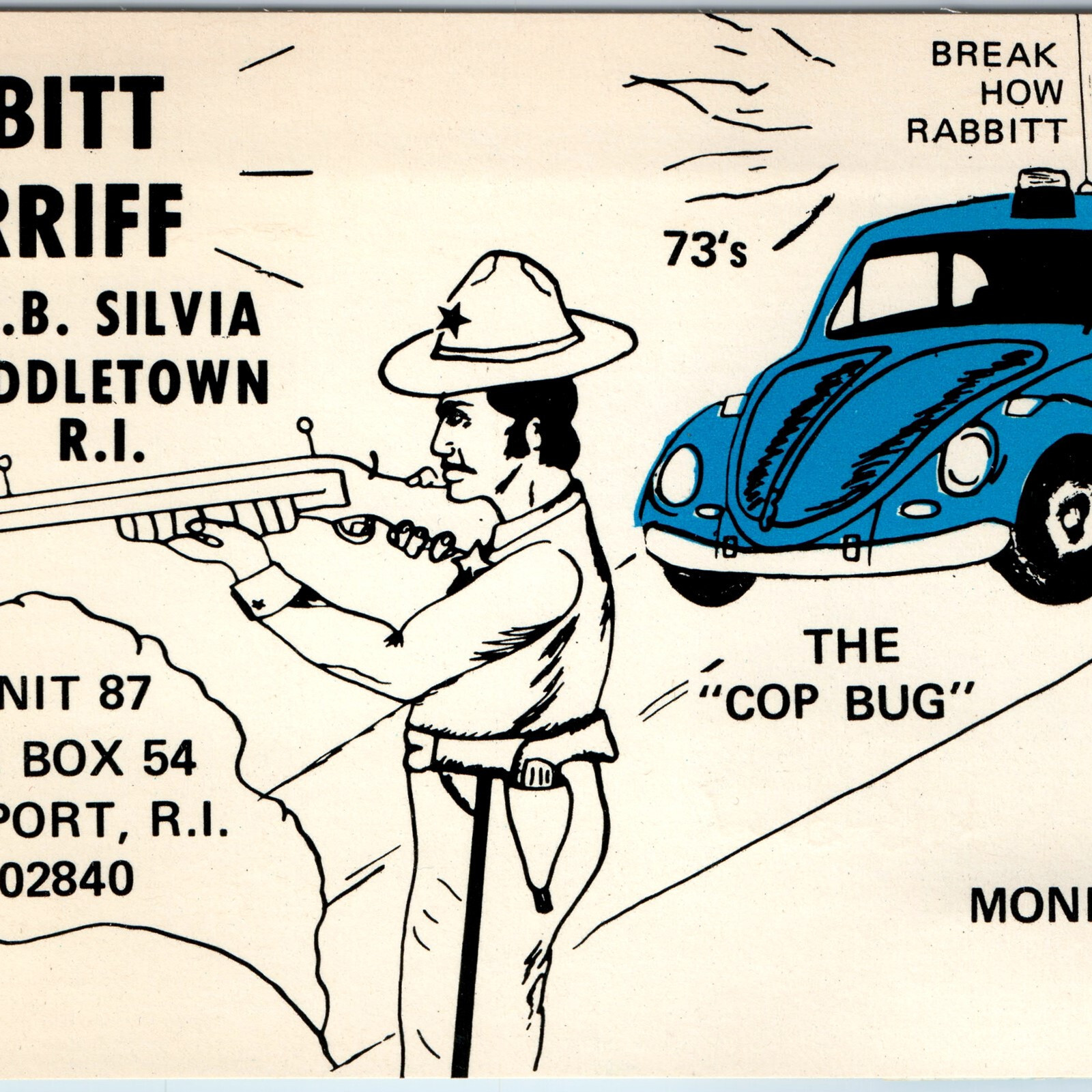 c1970s Middletown, RI Sheriff Rabbit VW Bug Art QSL Radio Card Silvia ...