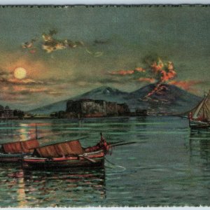 c1920s Naples Italy G Carelli Painting Vesuvius at Night PC Milano Scrocchi A206