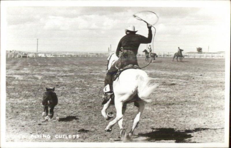 Cowboy on Horse Roping Calf FLYING CUTLETS Real Photo Postcard