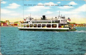 San Diego Coronado Auto Ferry California CA Linen Postcard VTG UNP Unused 