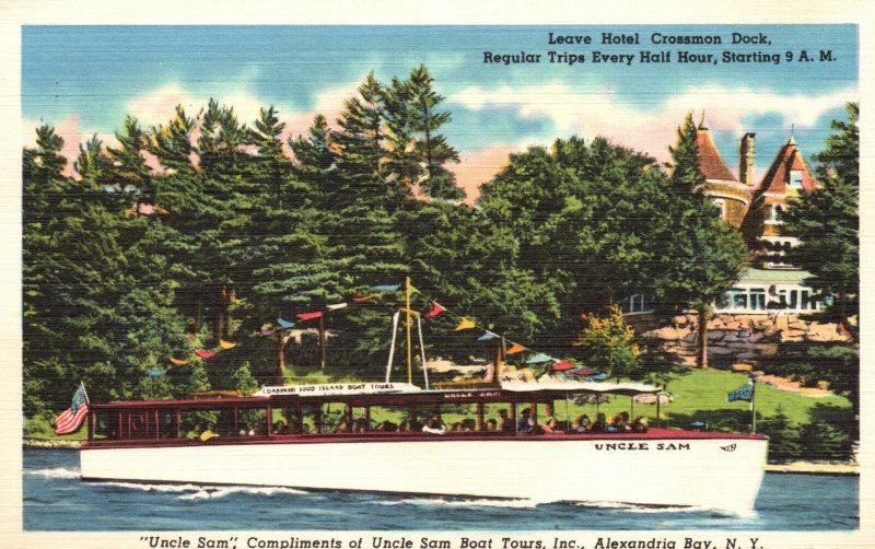 Vintage Postcard 1930's Uncle Sam Boat Tours Alexandria Bay NY Hotel Crossmon