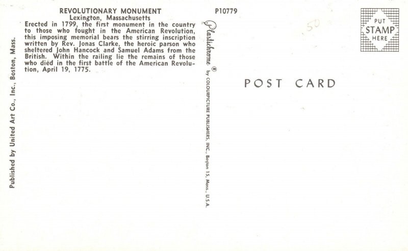 Vintage Postcard Revolutionary Monument Lexington Massachusetts By Plastichrome