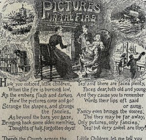 Pictures In The Fire Poem 1892 Victorian Art Woodcut Printing Ephemera DWY10B