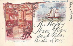 PILOT BOAT SHIP SMOKING ROOM NEW YORK TO EUROPE VOYAGE POSTCARD 1904