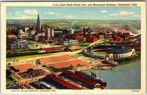 VINTAGE POSTCARD AERIAL VIEW OF THE PIER AND MUNICIPAL STADIUM AT CLEVELAND OHIO