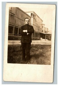 Vintage 1914 RPPC Postcard Photo of Handsome Man in Front of Building