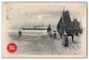 1917 Red Star Line Antwerpen Steamer Cruise Ferry Ship Moon Beach Sand Postcard