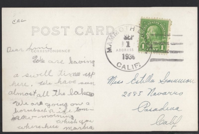 California MAMMOTH LAKES Lakes from Wildyrie pm1936 RPPC