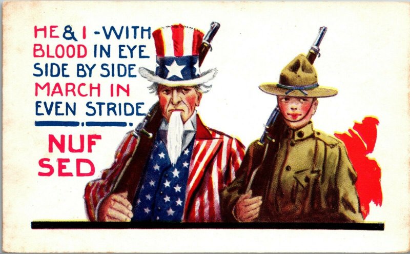 US Army World War 1 Patriotic Uncle Sam NUF SAID 1920 Military A/S Wahl POSTCARD