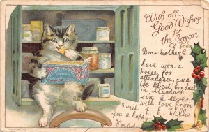A725 Season Greetings 1907 Humanized Cat Eating Biscuits Holy Tree postcard