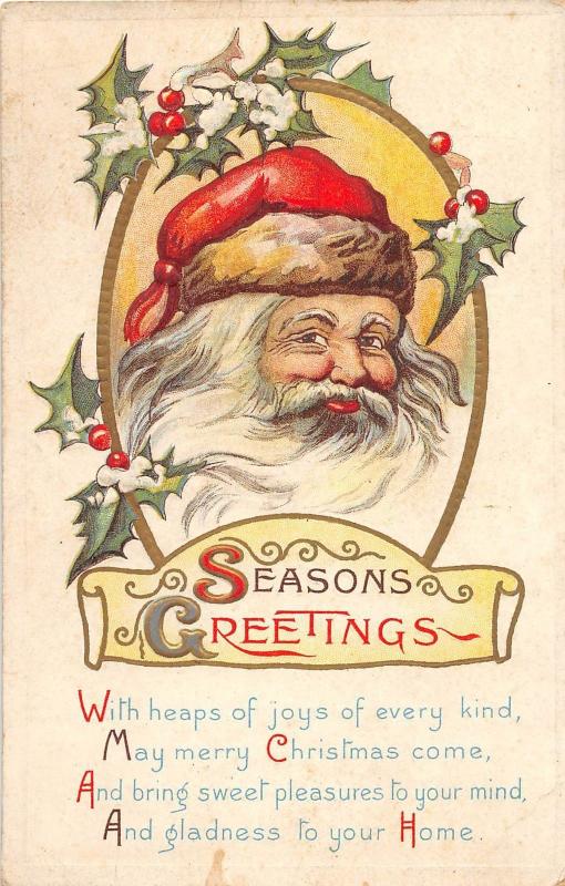 D97/ Santa Claus Merry Christmas Holiday Postcard c1910 Smile Holly 21