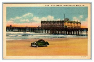 Vintage 1930's Postcard Ocean Pier & Casino Antique Car Daytona Beach Florida