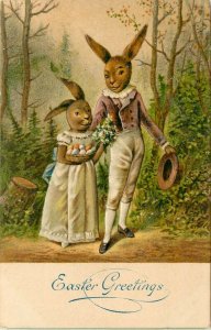 Embossed Easter Postcard Well Dressed Rabbit Children in Forest w/ Colored Eggs