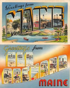 ME, MAINE & OLD ORCHARD Large Letter Linen Greetings  *Two* 1942~1956 Postcards