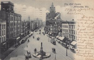 MILWAUKEE WISONSIN WI~CITY HALL SQUARE-TROLLEY-WAGON~1906 KNOX PHOTO POSTCARD