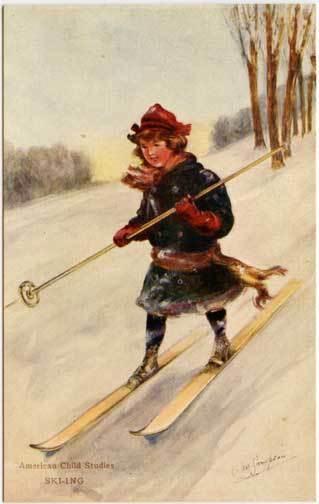 Signed Child Studies Skiing Postcard