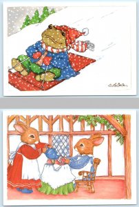 2 Postcards DRESSED RABBITS & FROG CHRISTMAS 1988 Susan Whited LaBelle Art 4x6