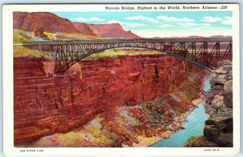 c1940s AZ Northern Arizona Navajo Lee's Ferry Bridge Highest World Linen PC A291