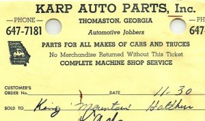 1968 THOMASTON GEORGIA KARP AUTO PARTS MACHINE SHOP INVOICE Z922