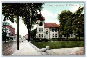 Westerly Rhode Island RI Postcard Library And Broad Street Scene c1910's Trees