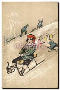 Old Postcard of Sports & # 39hiver Skiing Children Sledding