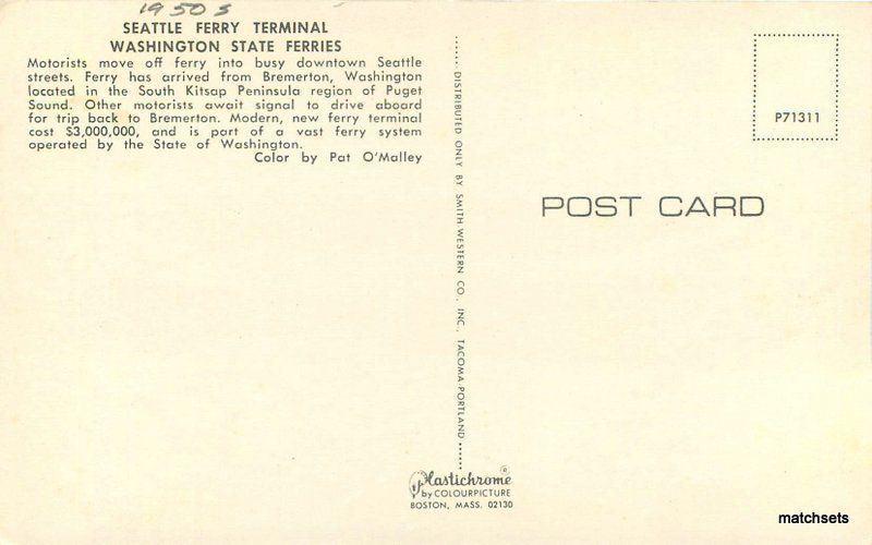 1950s Seattle Washington Ferry Terminal Smith Western Plastichrome postcard 7548