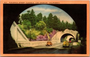 Vtg 1930s Figueroa Street Tunnels Los Angeles California CA Linen Postcard