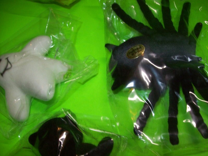 Vintage Halloween Flocked Toys Black Widow Spider Cat Ghost NOS 1960s Hong Kong