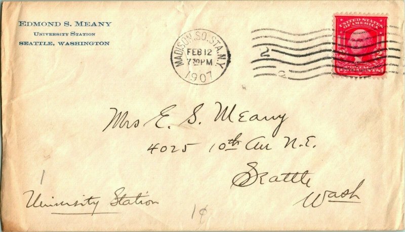 1907 Edmond S. Meany Envelope University Of Washington Addressed to Wife Seattle