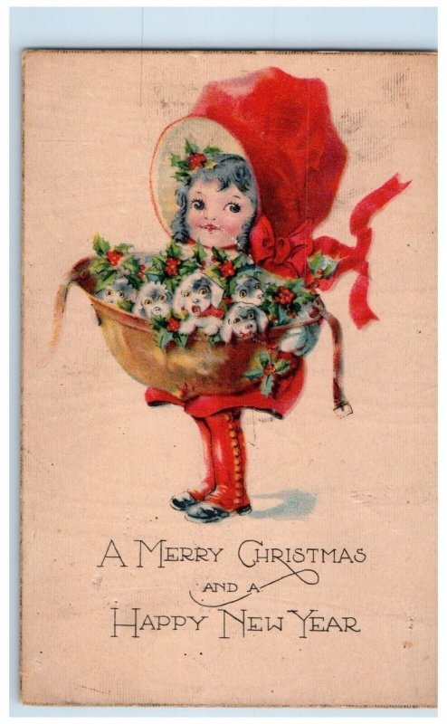 c1910's Christmas And New Year Little Girl With Puppies And Berries Postcard 