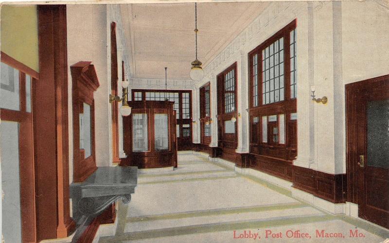 F33/ Macon Missouri Postcard 1914 Interior Post Office Lobby 