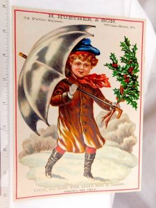 1880's Big Christmas Girl Snow Holly Umbrella Fab Mica Winter, H. Huether #2 #W