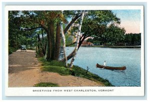 c1910's Greetings From West Charlestown Vermont VT,  Lake Boy Canoeing Postcard 