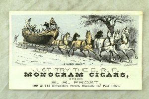 1880's E.R Frost Monogram Cigars Boat On Sled Horse Team Tobacco Trade Card P117