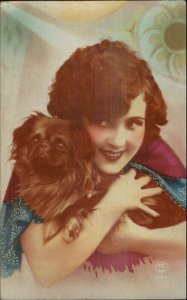 Art Deco Beautiful Woman & Pekingese Dog Tinted Real Photo Postcard 