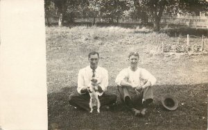 RPPC Postcard 2 Young Men With Their Little Terrier Dog Jack Russell? c1907