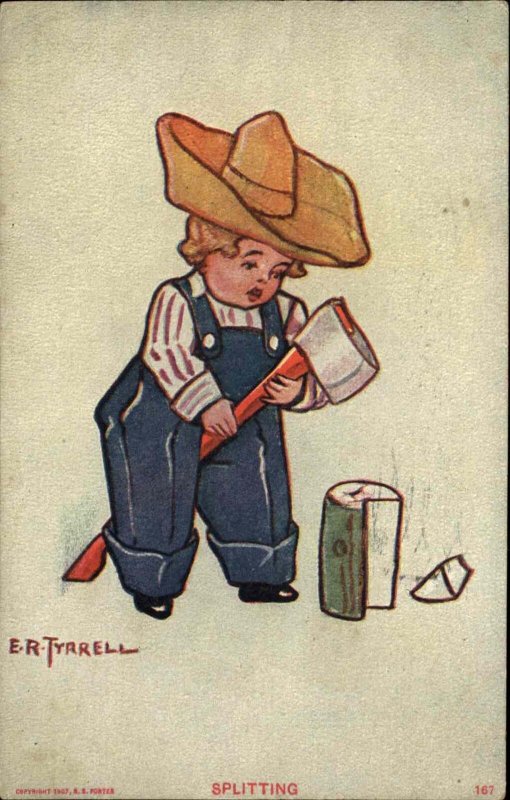 E.R. Tyrrell Little Boy Farmer Chopping Wood Splitting c1910 Postcard
