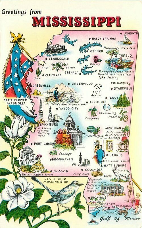 Mississippi Map Attractions 1960s Tichnor Postcard 21-8713