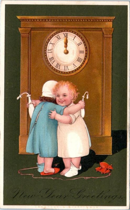 NEW YEARS GREETINGS Postcard 2 BABIES HUG by CLOCK 1910 PFB Embossed