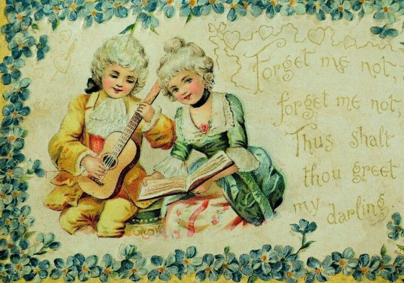 1870's Lovely Couple Forget Me Not Valentine Poem Victorian Embossed Card F98