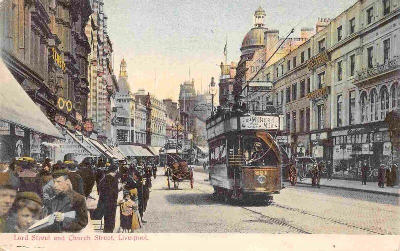 Lord & Church Street Tram Streetcar Liverpool England UK 1913 postcard