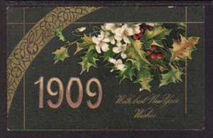 Happy New Year 1909 Date Holly Postcard 5837