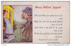 Weary Willies' Appeal, Vagabond approaching woman that smiles at him from d...