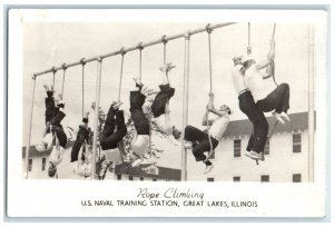 Great Lakes IL RPPC Photo Postcard Rope Climbing US Training Station c1940's