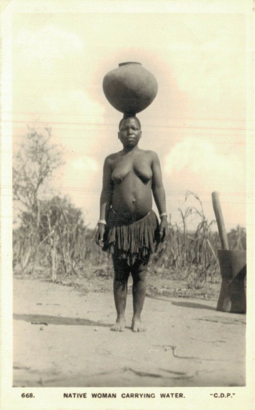 South Africa Native Woman Carrying Water Zulu RPPC 05.52