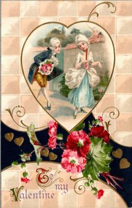 Vtg 1910 To My Valentine Man Woman Couple Gold Trim Floral Embossed Postcard