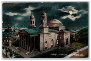 1907 Catholic Cathedral Building Tower At Night Baltimore Maryland MD Postcard