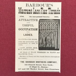 Barbour's Macrame Lace Flax Threads Barbour Bros. Co. Victorian 1884 Print Ad 