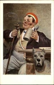 German Beer Stein Cane Dog Artist Signed c1910 Postcard