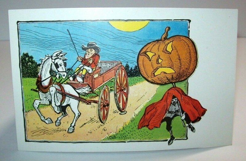 Halloween Postcard Fantasy Horse Carriage Buggy Coach Driver Spooks Vintage 